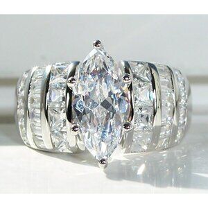 925 STERLING SILVER Marquise CZ With Round, Princess, Baguettes Channel Set Ring